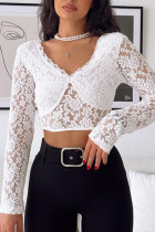 Plain V Neck Full Lace Long Sleeves Crop Top