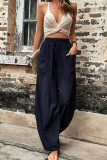 Navy High Waist Pockets Wide Leg Pants