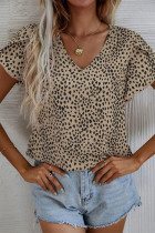Leopard Print Flutter Sleeve V Neck Blouse