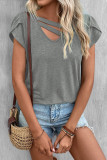 Gray Strappy V Neck Overlap Short Sleeve Top