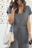 Gray Drawstring Waist Short Sleeve Wide Leg Jumpsuit