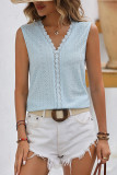 Plain V Neck Lace Edge Eyelet Pattern Tank Top