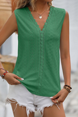 Plain V Neck Lace Edge Eyelet Pattern Tank Top