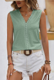 Plain V Neck Lace Edge Eyelet Pattern Tank Top