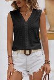 Plain V Neck Lace Edge Eyelet Pattern Tank Top