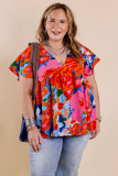 Red Abstract Floral Print V Neck Plus Blouse