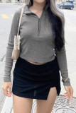 Ribbed Knitting Zipper Long Sleeves Crop Top