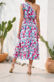 One Shoulder Ruffle Tie Waist Floral Dress