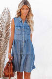 Sky Blue Flap Pockets Button up Sleeveless Denim Dress