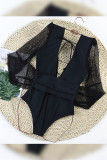 Black V Neck Mesh Sleeves High Waist One Piece Swimsuit