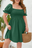 Square Neck Puff Sleeves Smocked Plus Size Dress