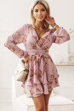 Pink V Neck Baggy Sleeve Waist Tie Double Layer Ruffle Hem Floral Print Short Dress