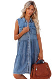 Sky Blue Flap Pockets Button up Sleeveless Denim Dress