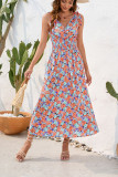 V Neck Floral Print Elastic Waist Dress