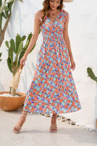 V Neck Floral Print Elastic Waist Dress