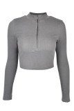 Ribbed Knitting Zipper Long Sleeves Crop Top
