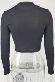 Ribbed Knitting Zipper Long Sleeves Crop Top