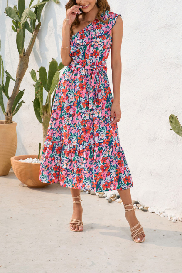 One Shoulder Ruffle Tie Waist Floral Dress
