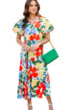 Multicolor Notch Neckline Bubble Sleeve Floral Midi Dress