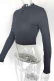 Ribbed Knitting Zipper Long Sleeves Crop Top