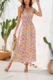 V Neck Floral Print Elastic Waist Dress