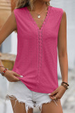 Plain V Neck Lace Edge Eyelet Pattern Tank Top