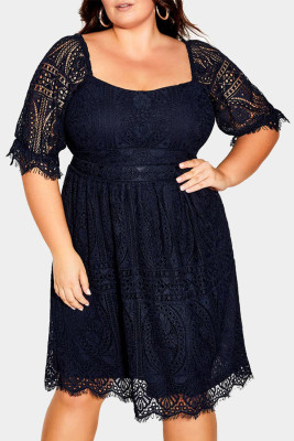 Black Eyelash Lace Square Neck Plus Size Dress