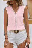 Plain V Neck Lace Edge Eyelet Pattern Tank Top