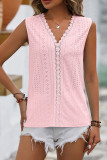 Plain V Neck Lace Edge Eyelet Pattern Tank Top