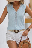 Plain V Neck Lace Edge Eyelet Pattern Tank Top