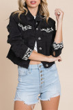 Black Leopard Splicing Open Button Denim Jacket