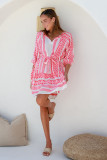 Red Geometric Print Belted Puff Sleeve Dress