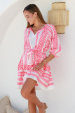 Red Geometric Print Belted Puff Sleeve Dress