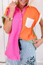 Rose Crinkled Colorblock Raw Hemline Short Sleeves Shirt