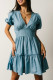 Sky Blue V Neck Bubble Sleeve Ruffle Flared Mini Dress