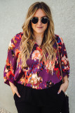Purple Plus Size Abstract Print V-Neck Long Sleeve Blouse