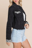 Black Leopard Splicing Open Button Denim Jacket