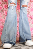 Sky Blue Light Wash Distressed High Rise Flare Jeans