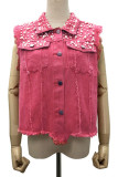 Rosy Rhinestone Raw Hem Sleeveless Denim Jacket