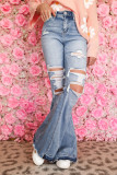 Sky Blue Light Wash Distressed High Rise Flare Jeans