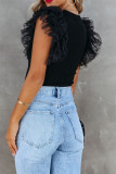 Black Plus Size Dotty Mesh Ruffle Sleeve Ribbed Knit Top
