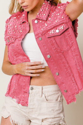 Rosy Rhinestone Raw Hem Sleeveless Denim Jacket