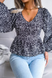 V Neck Leopard Print Bubble Sleeves Blouse