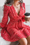 V Neck High Waist Floral Dress With Sash