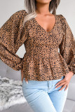 V Neck Leopard Print Bubble Sleeves Blouse