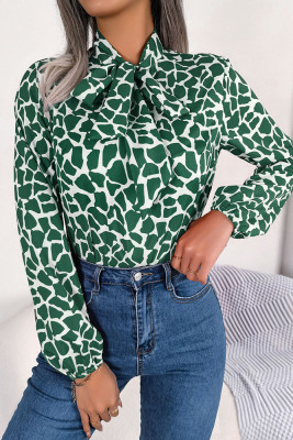 Printed Front Tie Long Sleeves Blouse