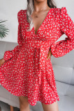 V Neck High Waist Floral Dress With Sash