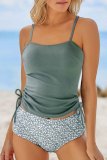 Green Drawstring Ribbed Tankini Floral High Waist Swimsuit