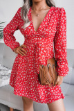 V Neck High Waist Floral Dress With Sash