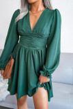 Plain V Neck Puff High Waist Dress